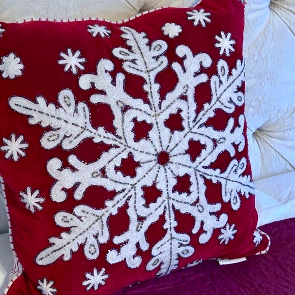 Burgundy and White Snowflake Pillow - Picture 1 of 5